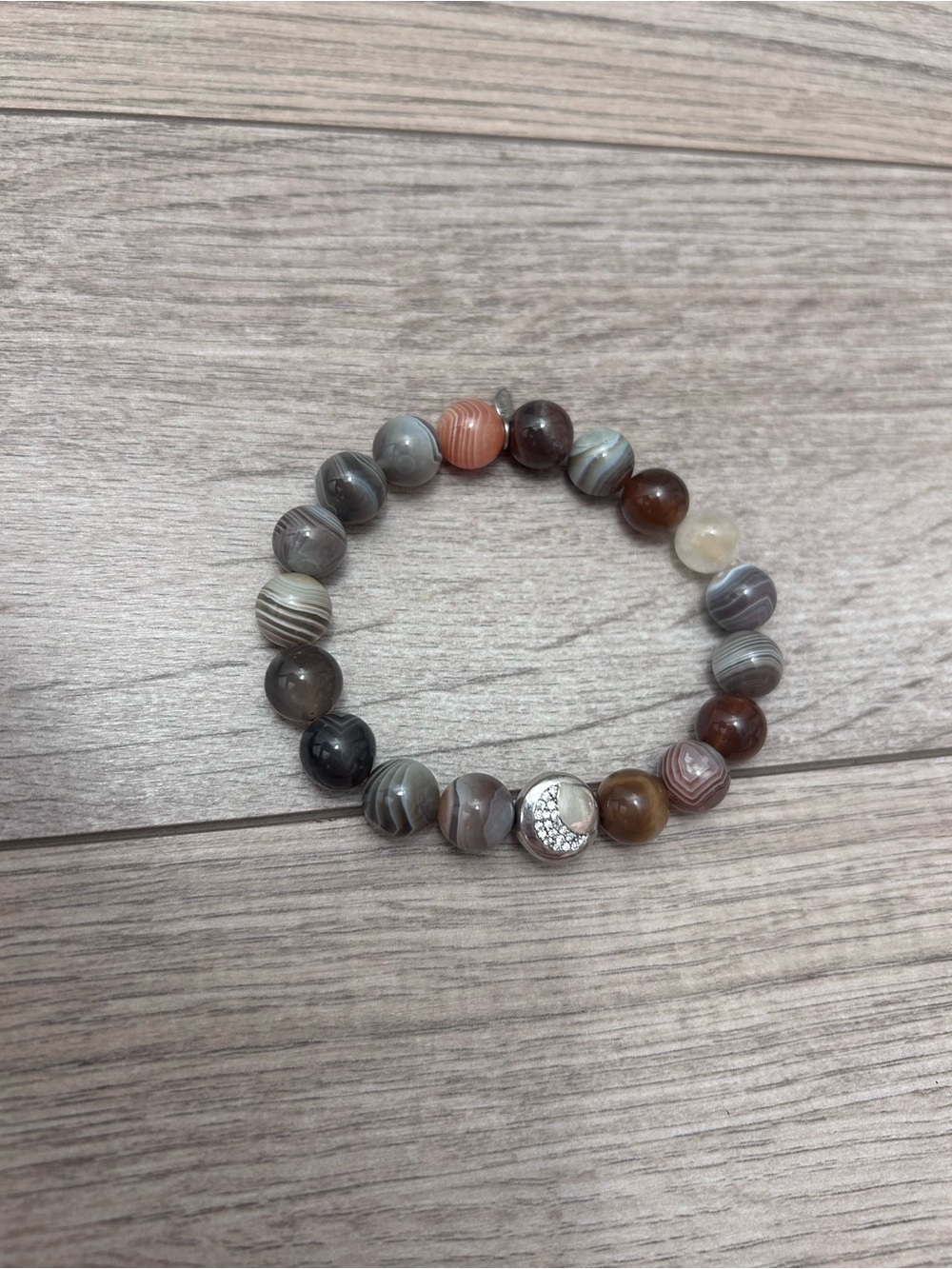 Anzie Multi-Color Earth Tone Striped Agate Bead Stretch Bracelet Sterling Silver